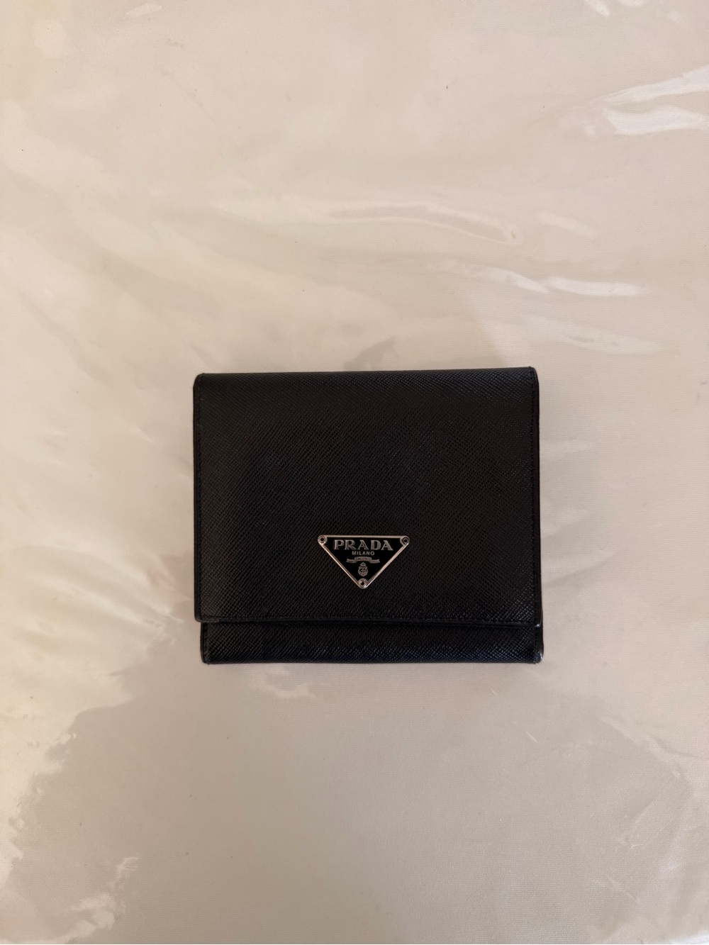 Prada Black Saffiano Leather Card Holder with Silver Triangle Logo